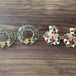 Gold Tone Stud Earrings Candy Canes Bow And Red & Green Wreath Christmas Holiday